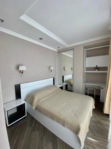 a bedroom with a large bed and a mirror at Villa Old Batumi in Batumi