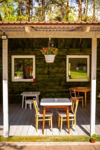 的住宿－AURA Grotniki，小木屋配有桌椅和盆栽植物