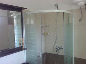 a shower in a bathroom with blue tile at Apartment Hvar Bike in Stari Grad +23 photos