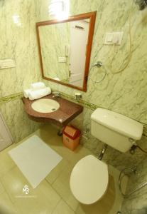 a bathroom with a toilet and a sink and a mirror at Manali residency in Manāli