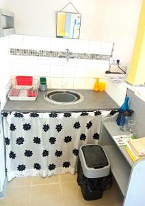 een badkamer met een wastafel met een zwart-wit patroon bij le Refuge d'Eugénie in Bahus-Soubiran