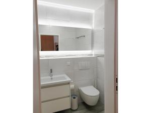 a white bathroom with a sink and a toilet at Residenz am Strand Wohnung 2-40 in Zingst