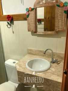 ein Badezimmer mit einem Waschbecken, einem WC und einem Spiegel in der Unterkunft Flat rústico e aconchegante próximo a Paraty e Trindade in Paraty