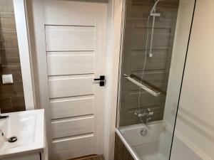 La salle de bains est pourvue d'une douche et d'un lavabo. dans l'établissement Apartament Łagiewniki, à Cracovie