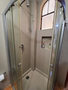 a shower with a glass door in a bathroom at Villa Alfonsina in Mexico City +76 photos