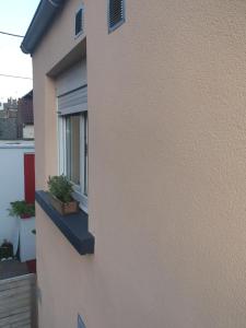 un edificio con una ventana con una maceta. en Chambre privée au coeur de Calais, en Calais