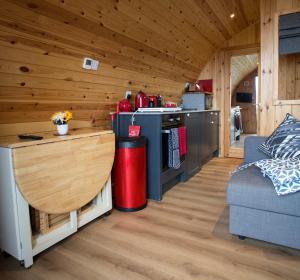 a kitchen and living room in a tiny house at The Ardmore Pod in Trumpan