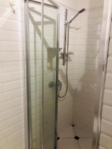 a shower with a glass door in a bathroom at Villa Baltica Stegna in Stegna