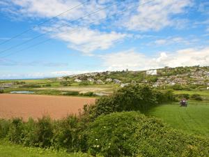 a field with a town in the distance and a dirt road at Ocean View Apartment in Thurlestone