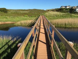 a wooden bridge over a body of water at Ocean View Apartment in Thurlestone