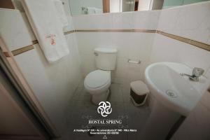 Hostal Spring في هانوكو: حمام صغير مع مرحاض ومغسلة