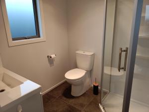 里奇蒙的住宿－Richmond, Nelson 3brm New Home，一间带卫生间和玻璃淋浴间的浴室