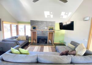 a living room with a couch and a fireplace at Bunny Box in Dinner Plain