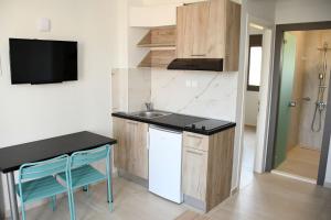Kuchyň nebo kuchyňský kout v ubytování Theano Luxury Suites Nikiti