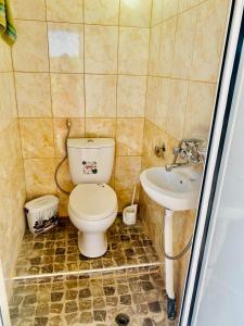La salle de bains est pourvue de toilettes et d'un lavabo. dans l'établissement Caravans 10 min to Tsonevo Lake & 35 min to Black Sea, 