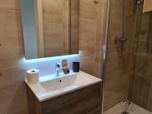 La salle de bains est pourvue d'un lavabo et d'une douche avec un miroir. dans l'établissement Calella Playa Vistas Mar, à Calella