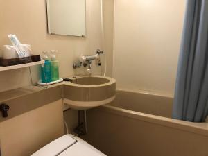 een badkamer met een wastafel, een toilet en een bad bij Garden Hotel Yamato in Hikone +19 foto's