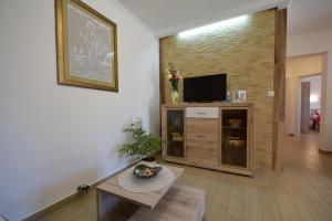 a living room with a flat screen tv and a table at Apartments Rose in Čižići