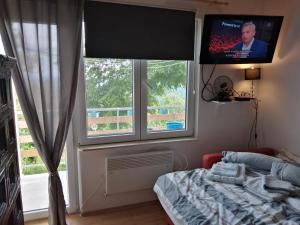 a bedroom with a bed and a flat screen tv at Holiday Home Nature Plesivica in Jastrebarsko
