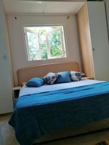 Room in Guest room - Private room in Boca Chica Resort condominium في بوكا شيكا: سرير مع وسائد زرقاء في غرفة نوم مع نافذة
