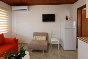 sala de estar con sofá, silla y nevera en (Apt.4) Lofos Apartments in Vergia Halkidiki, en Sozopoli
