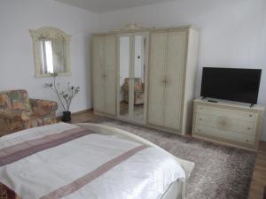 デブレツェンにあるBercsényi Vendégházのベッドルーム(ベッド1台、テレビ、キャビネット付)