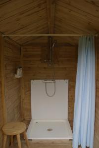 eine Dusche in einem Holzzimmer mit einem blauen Vorhang in der Unterkunft Karlsäter - Lilla stugan in Älvkarleby