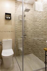een badkamer met een toilet en een douche bij Hotel Amel Rooms in Mediaş