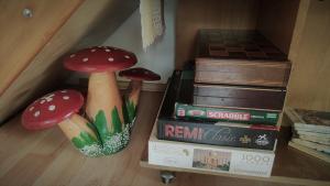 une pile de livres à côté des champignons et des livres dans l'établissement Home Away From Home, à Gura Rîului