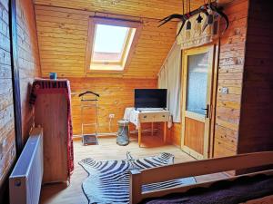 a room with a television and a desk in a cabin at Jugul Țăranului Agropensiune Polovragi, Gorj in Polovragi