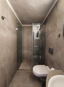 een badkamer met een douche, een toilet en een wastafel bij Luxury Apartments Aristotelous in Thessaloniki