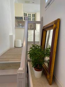 een trap met een spiegel en een potplant bij La petite maison bleue in Gruissan