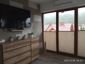 a living room with a flat screen tv and two windows at Apartament JBF Homole in Szczawnica