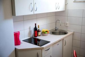 a kitchen counter with a sink and a bowl of fruit at Apartmani Šantić in Baška Voda