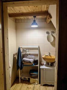 a bathroom with a sink and a mirror and a sink at Pokoje u Agnieszki in Dwernik