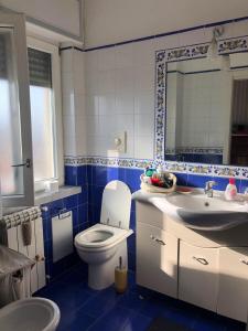 a blue and white bathroom with a toilet and a sink at Casa Malù in Torre Annunziata