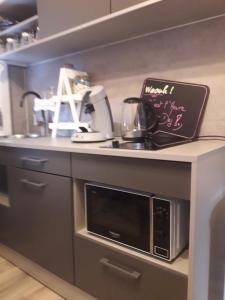 a kitchen counter with a microwave on a counter top at Le boudoir de la Lys in Saint-Venant