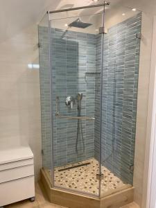a shower with a glass enclosure in a bathroom at SEALEO in Gribovka +36 photos