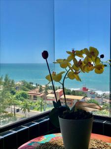 a vase with flowers on a table in front of a window at Porto Viejo Ô de Casa Natal RN in Natal