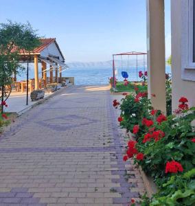 a brick walkway with red flowers next to a building at Seafront Apartments in Kavos