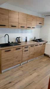 a kitchen with wooden cabinets and a sink at SORKWITY- Pensjonat - STARY GIELĄD in Sorkwity