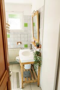 La salle de bains est pourvue d'un lavabo et d'un miroir. dans l'établissement Roofless Surf Lodge, à Soorts-Hossegor