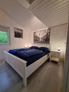 a bedroom with a large bed with blue pillows at Groenpark Simpelveld - Castra 33 in Simpelveld