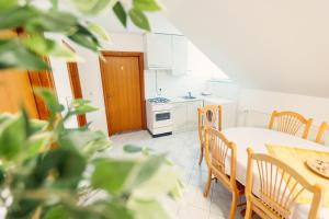 a kitchen and dining room with a table and chairs at Frankovič Bed&Breakfast in Vinica