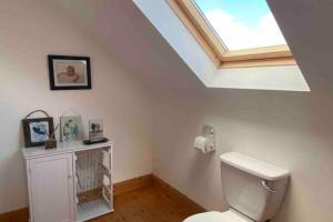 bagno con servizi igienici bianchi e lucernario. di Annies Meadow. a Knock