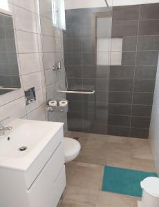 a bathroom with a toilet and a sink and a shower at Monte Bagão - Turismo Rural in Vila do Bispo