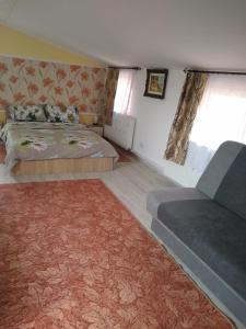 a bedroom with two beds and a couch and a rug at Olimpia Apartments in Alba Iulia