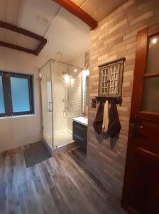 a bathroom with a shower and a sink at DoMarka całoroczny dom w Bieszczadach in Wetlina +47 photos