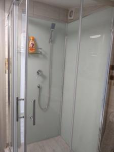 a shower with a glass door in a bathroom at Olimpia Apartments in Alba Iulia +48 photos