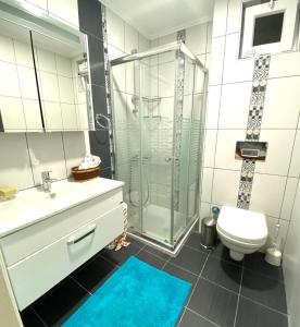 La salle de bains est pourvue d'une douche, de toilettes et d'un lavabo. dans l'établissement Квартира рядом с морем, à Kemer